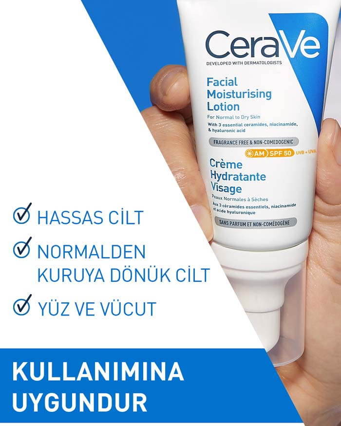 Cerave Yüz Nemlendirici Krem Normal ve Kuruya Dönük Ciltler İçin SPF50 52 ml