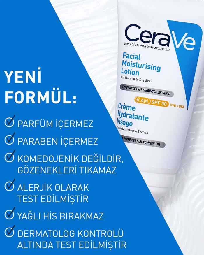 Cerave Yüz Nemlendirici Krem Normal ve Kuruya Dönük Ciltler İçin SPF50 52 ml