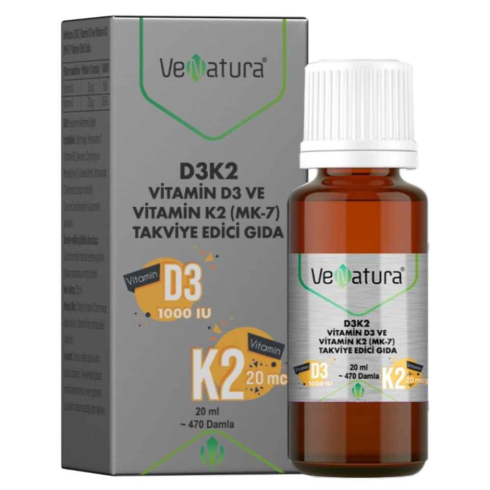 Venatura D3K2 Vitamin D3 1000 IU ve Vitamin K2 11,25 mcg MK-7 Takviye Edici Gıda 20 ml - (SKT: 11/2027)