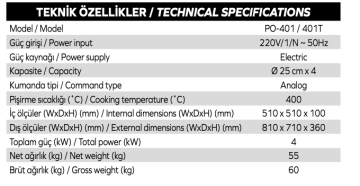 Maksan PO401T Tek Katlı, 4x25 cm Pizza Kapasiteli Elektrikli Termomete Göstergeli