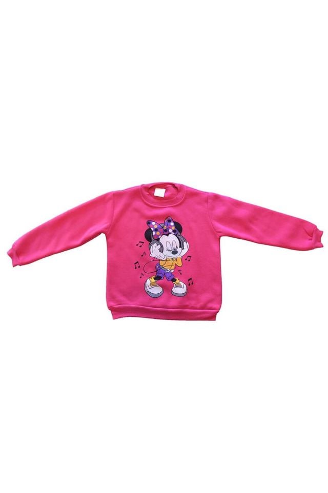 Kız Çocuk Pembe Baskılı Sweatshirt Gri Eşofman Alt Takım Şardonlu 3 ip