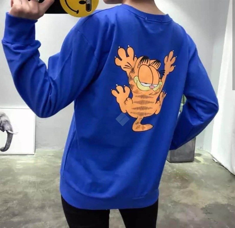 Unisex Mavi Garfield Baskılı Yuvarlak Yaka Sweatshirt