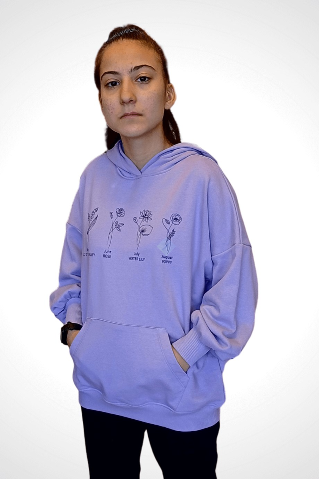 Lila Kapüşonlu Kanguru Cepli Sweatshirt