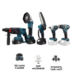 Chelıkbeı Akülü 5-Li Set Darbeli Vidalama & Torklu & Taşlama & Hilti & Zincirli Testere 3x5Ah