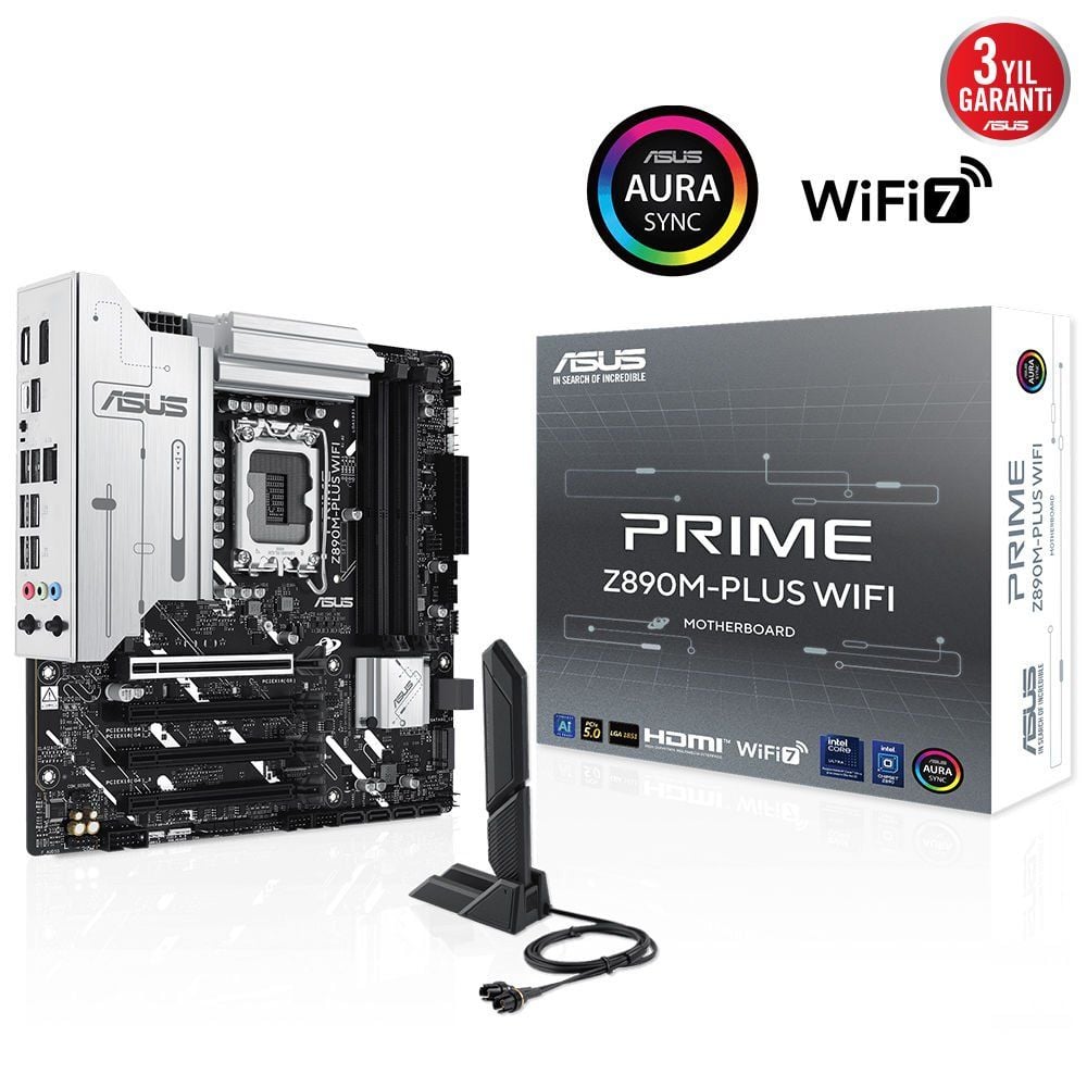 ASUS PRIME Z890M-PLUS WIFI 4x DDR5 DP/HDMI 3x M.2 1x 2.5GLAN/WIFI7/BT USB3.2 1851P ANAKART, Intel Z890 LGA1851 DDR5 8400 DP HDMI Type-C 3x M2 USB3.2 WiFi7 BT AURA RGB 2.5Gbit LAN mATX 10+1+2+1 Güç Aşamaları, ASUS GlideX