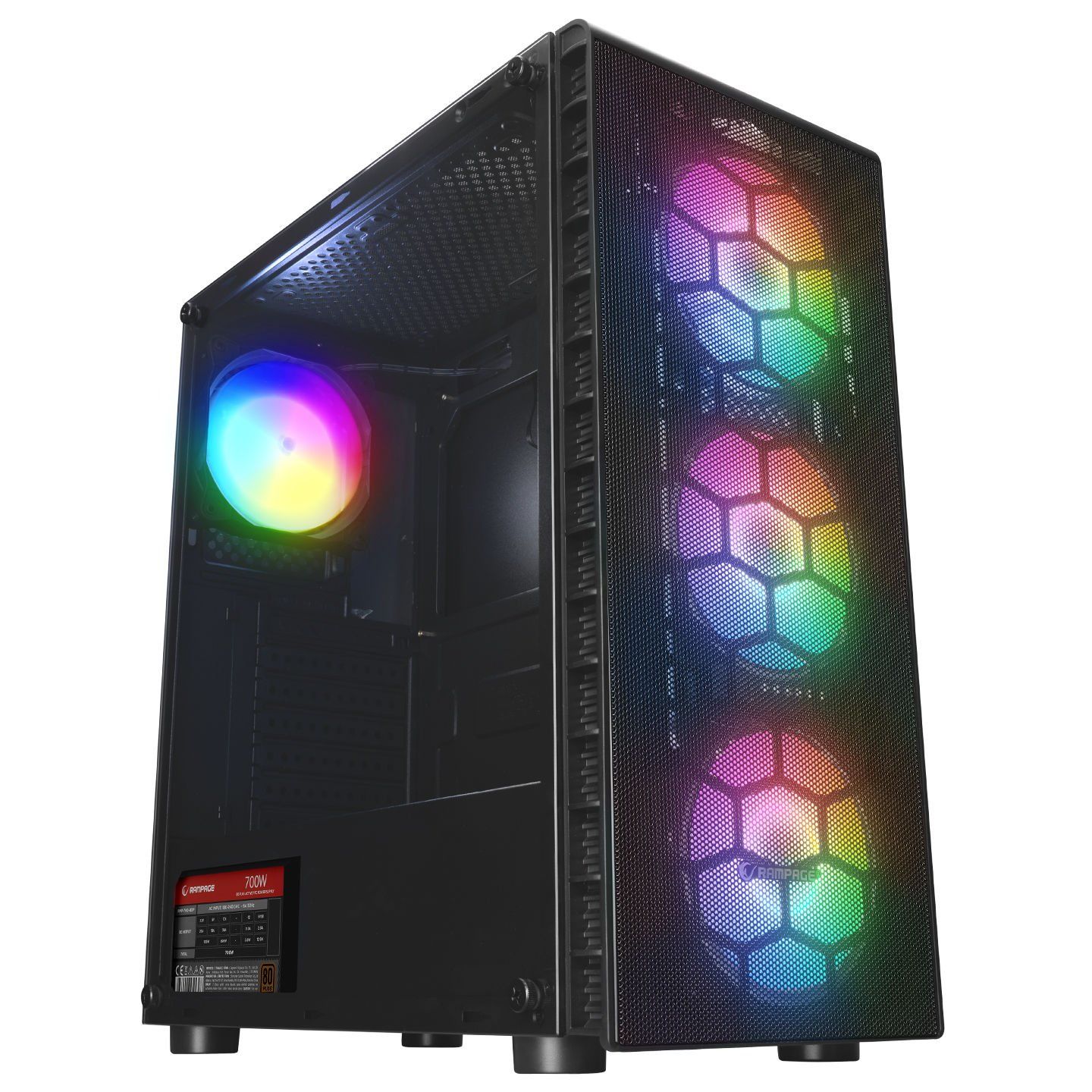 RAMPAGE REDSKY RGB MESH 700W 80+ BR 4x12CM RGB FAN ATX TEMPERED GLASS 2xUSB2.0/1xUSB3.0 SİYAH MID TOWER GAMİNG KASA