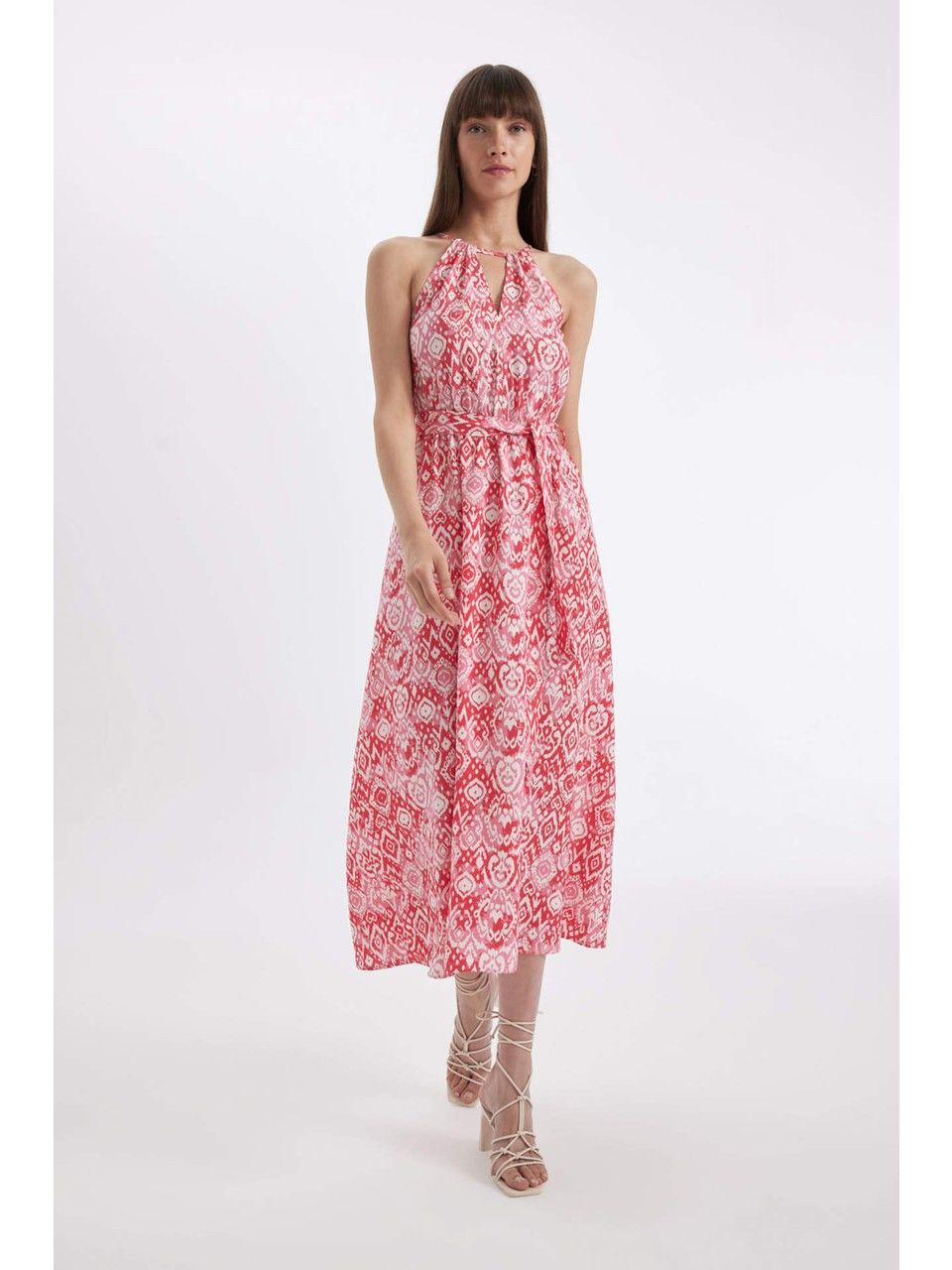 Halter Yaka Desenli Kolsuz Maxi Elbise