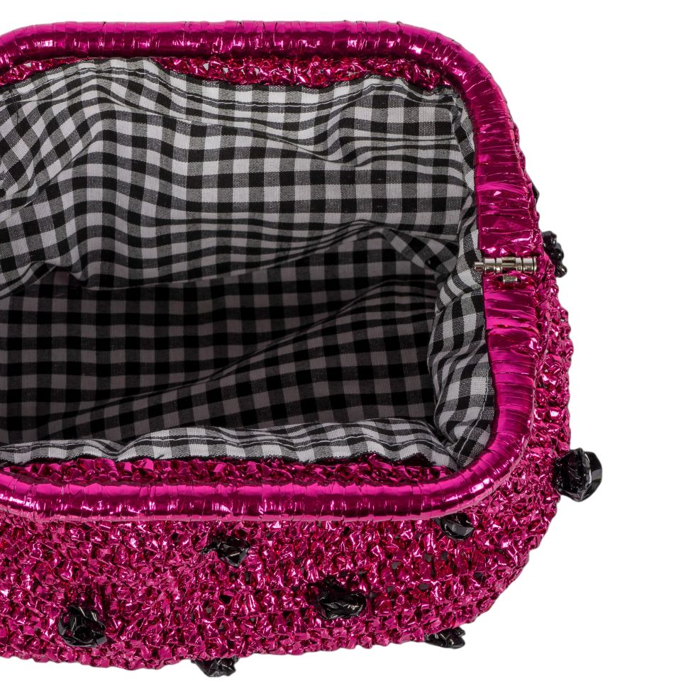 PINK METALLIC BLACK POMPOM HANDBAG