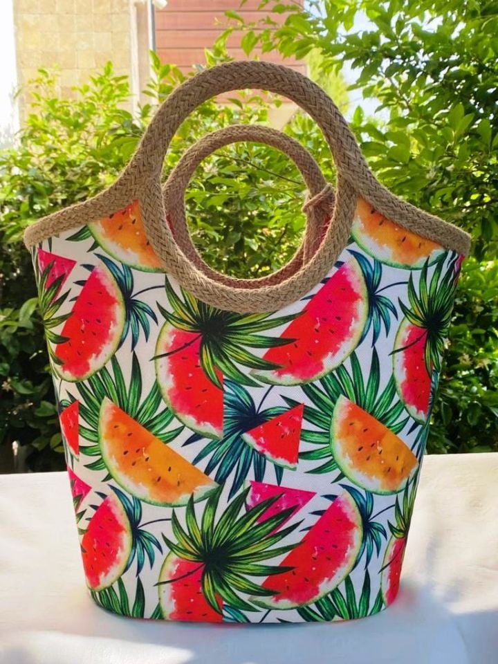 JUTE WATERMELON PATTERNED BEACH BAG