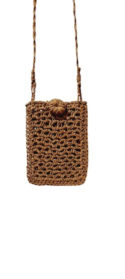 Knitted Button Brown Raffia Phone Case Bag