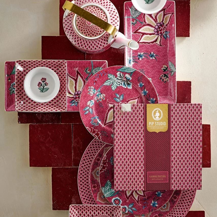 Kırmızı Porselen Pasta Tabağı 17 Cm Flower Festival Collection by Pip Studio