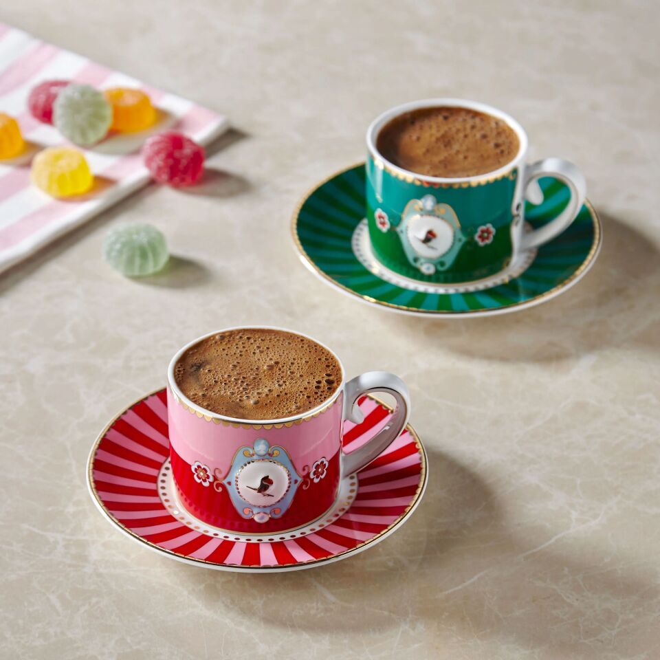 Love Birds Kırmızı-Pembe Madalyon Desenli Kuşlu Kahve Fincanı
