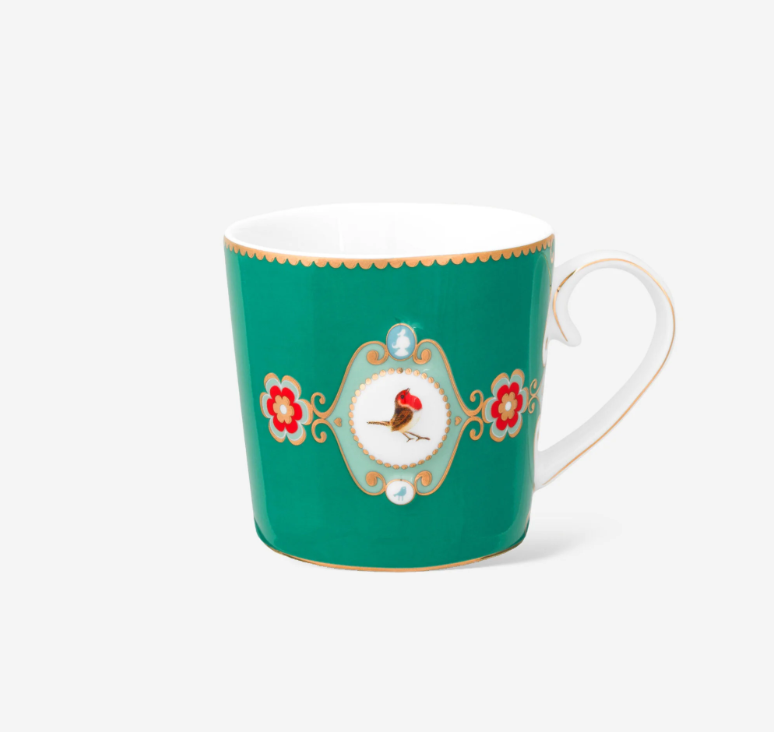 Love Birds Yeşil Çizgili Madalyon Desenli Küçük Mug 150 ml