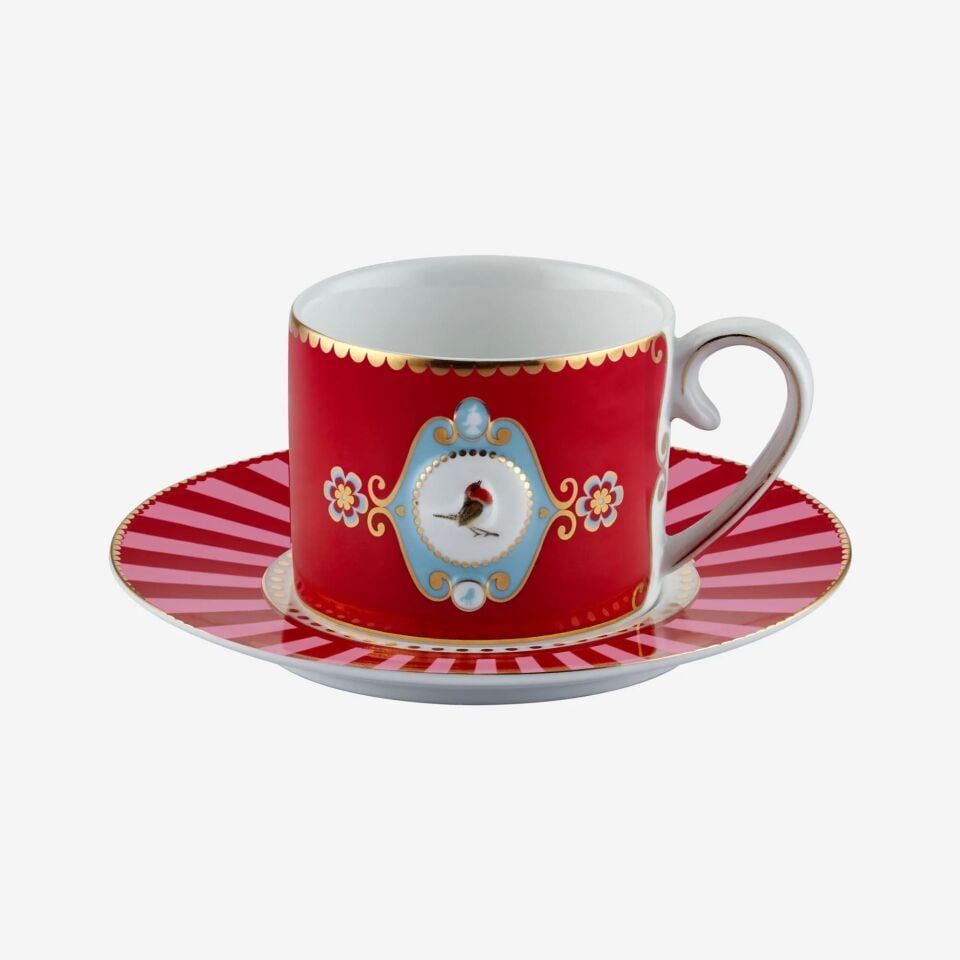 love birds kırmızı/pembe madalyon desenli kuşlu kahve fincanı 125ml.