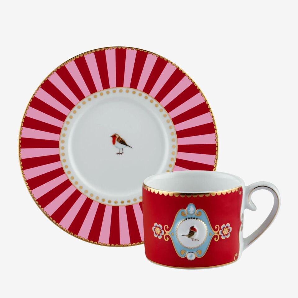 love birds kırmızı/pembe madalyon desenli kuşlu kahve fincanı 125ml.