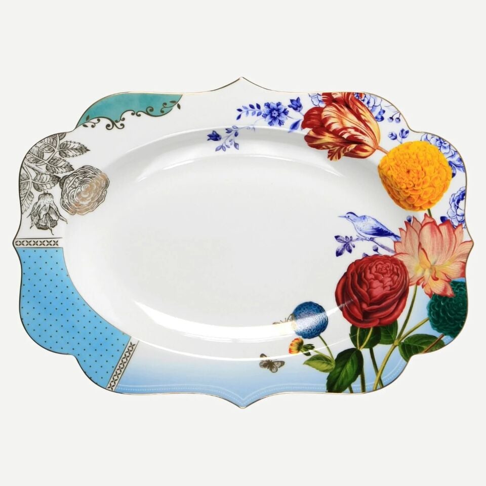 Royal Beyaz /Mavi Çiçek Desenli Oval Servis Tepsisi 40 cm.