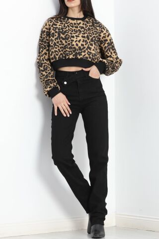 Desenli 3 İplik Crop Sweat Leopar - 20109.1868.