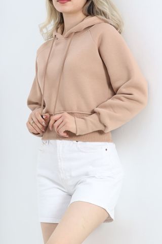 Kapşonlu Crop Sweat Bej - 20967.1878.