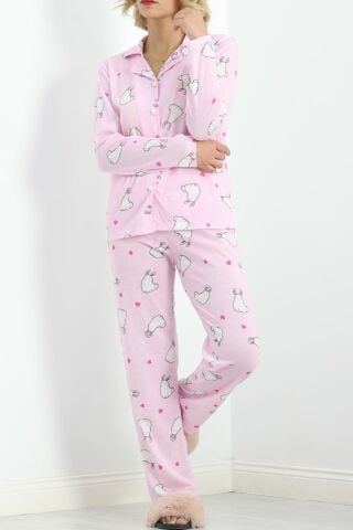 Önü Düğmeli Pijama Takımı Tozpembe - 150.1287.