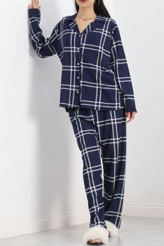 Baskılı Battal Pijama Takımı Koyulacivert - 778.1287.