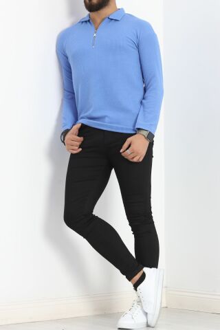 Polo Yaka Fermuarlı Erkek Sweatshirt Mavi - 20128.1874.