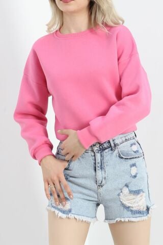 Bisiklet Yaka 3 İplik Crop Sweat Pembe - 20968.1878.