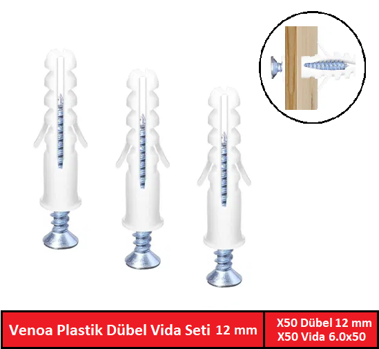 Venoa DS12 Plastik Dübel Vida Seti 12 mm 50 Parça