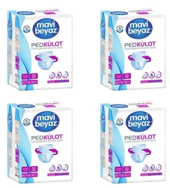 Mavi Beyaz Ped Emici Külot Hasta Bezi Large Büyük (30 Adet) 4 Paket