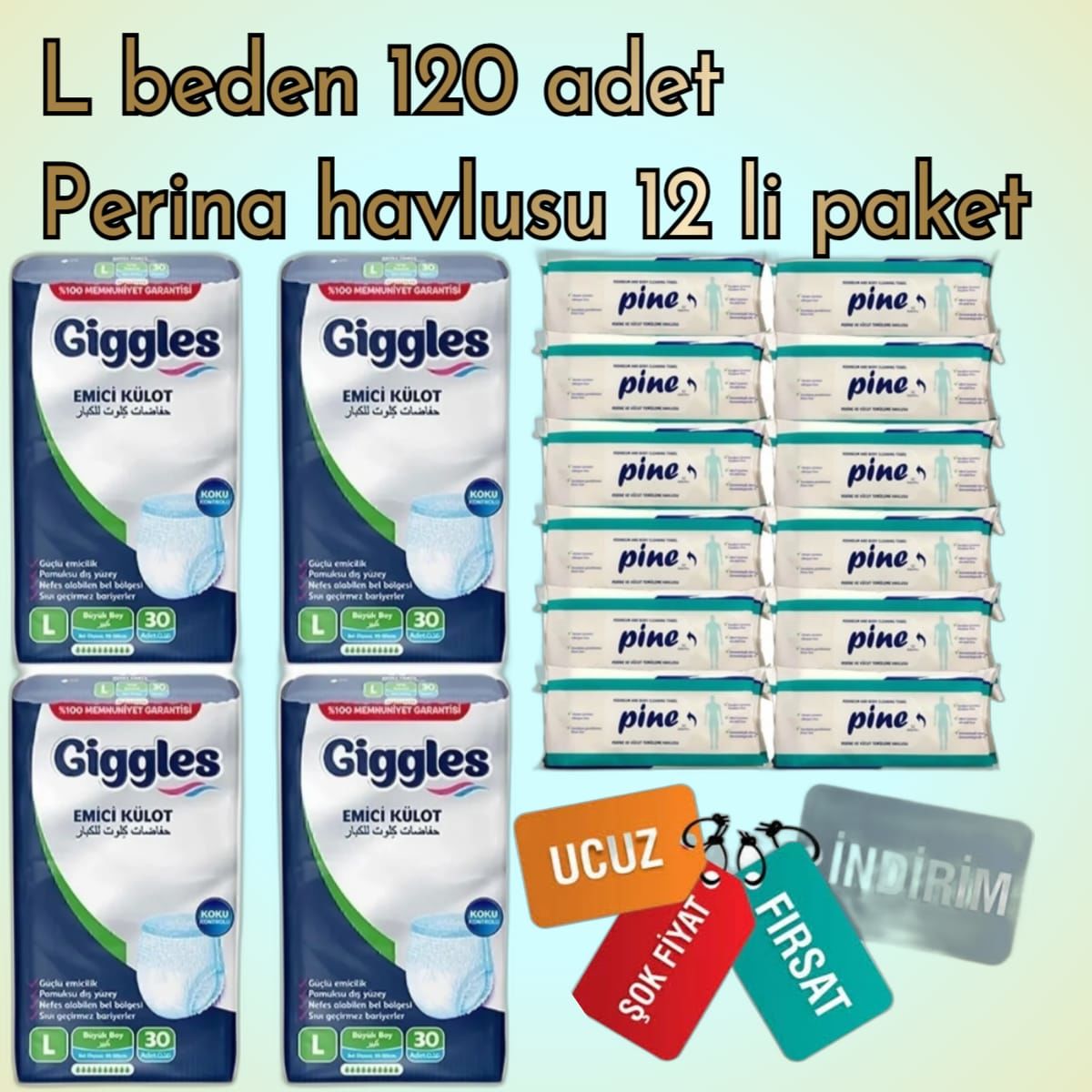 Giggles Külotlu Yetişkin Hasta Bezi  L Beden 120'Lİ (12 Paket Perina Havlusu )