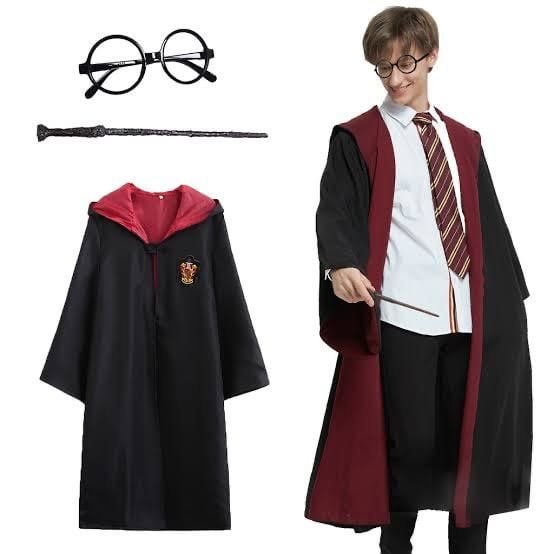 Harry Potter Gryffindor Kapişonlu Çocuk Kostüm + Asa + Gözlük Seti 9-10 Yaş (4513)