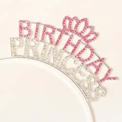 Kristal Taşlı Pembe Birthday Princess Yazılı Parti Tacı 19x11 cm (4513)