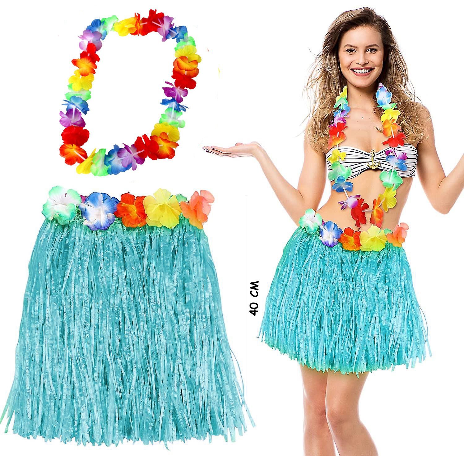 Hawaii Luau Aloha Mavi Püsküllü 40 cm Etek ve Hawaii Kolye Seti (4513)