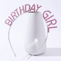 Pembe Renk Kristal Taşlı Parlak Birthday Girl Yazılı Taç 16x17 cm (4513)