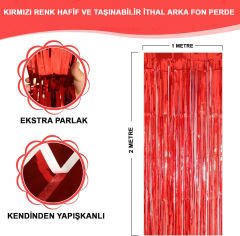 Kırmızı Renk Ekstra Metalize Parlak Saçaklı Arka Fon Perde İthal A Kalite 1x2 Metre (4513)