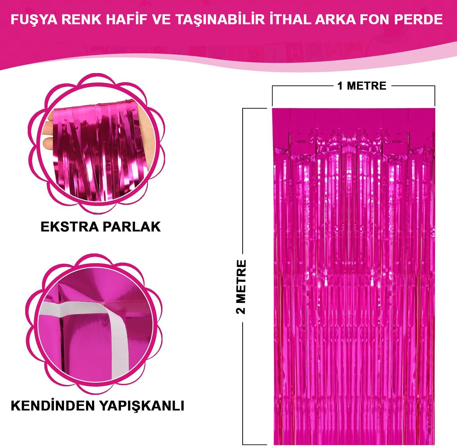 Fuşya Renk Ekstra Metalize Parlak Saçaklı Arka Fon Perde İthal A Kalite 1x2 Metre (4513)