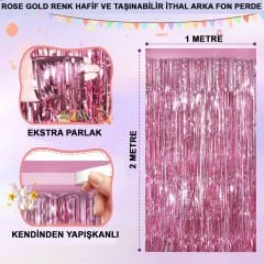 Rose Gold Renk Ekstra Metalize Parlak Saçaklı Arka Fon Perde İthal A Kalite 1x2 Metre (4513)