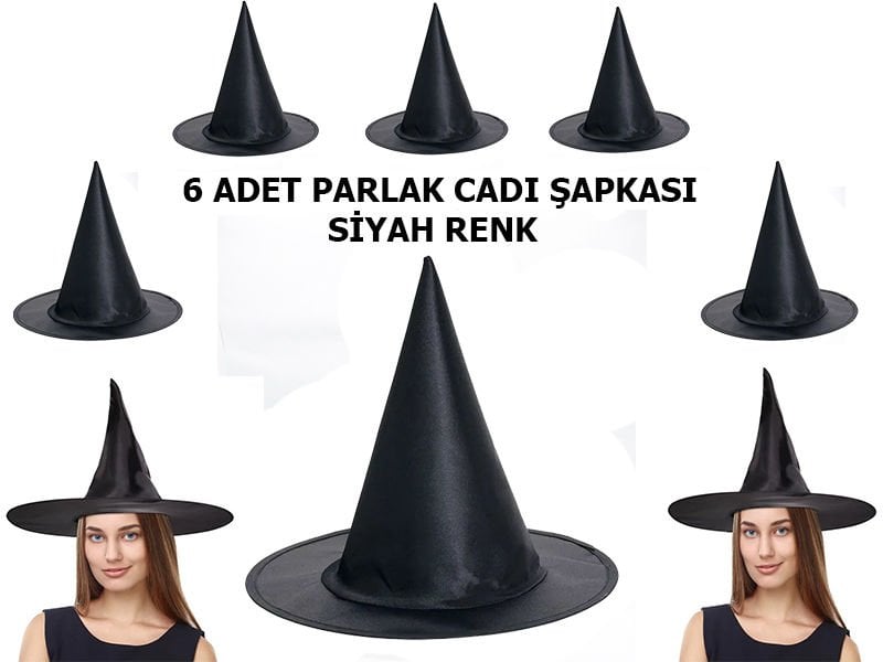 Halloween Siyah Renk Parlak Dralon Cadı Şapkası Yetişkin ve Çocuk Uyumlu 6 Adet (4513)