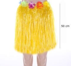 Yetişkin ve Çocuk Uyumlu Sarı Renk Püsküllü Hawaii Luau Hula Etek 50 cm (4513)