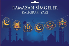 Mavi Üzeri Altın Renk Ramazan Koreografi Simgeler Banner Afiş 21x150 cm (4513)