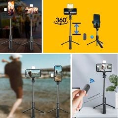 Kendiliğinden Işıklı Masaüstü Tripod Olabilen Telefon Tutuculu Kablosuz Kumandalı Selfie Çubuğu (4513)