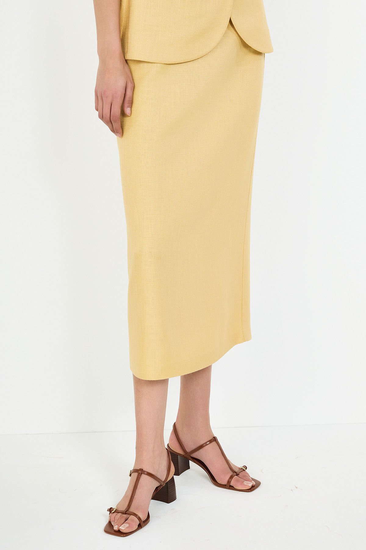 Sarı Fit Kalem Midi Etek
