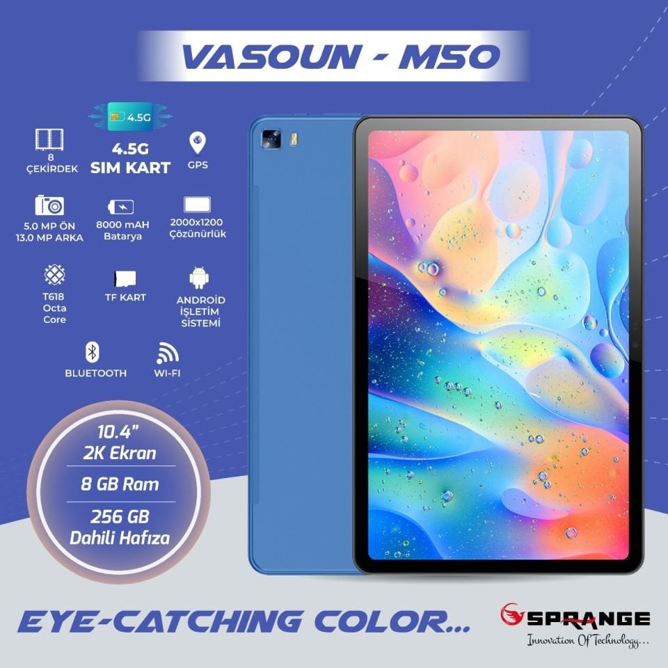 Sprange VASOUN-M50 10,4\'\' IPS Ekran 8 Çekirdekli 4.5G Sim Kartlı 8GB Ram 256GB Dahili Hafıza PC Tablet