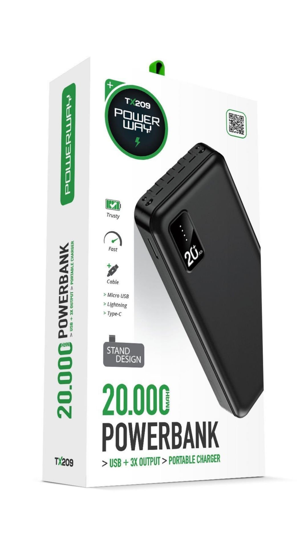 Powerway TX209 Siyah 20.000 mAh Dijital Göstergeli Ekstra Kablolu Dahili Stand Powerbank