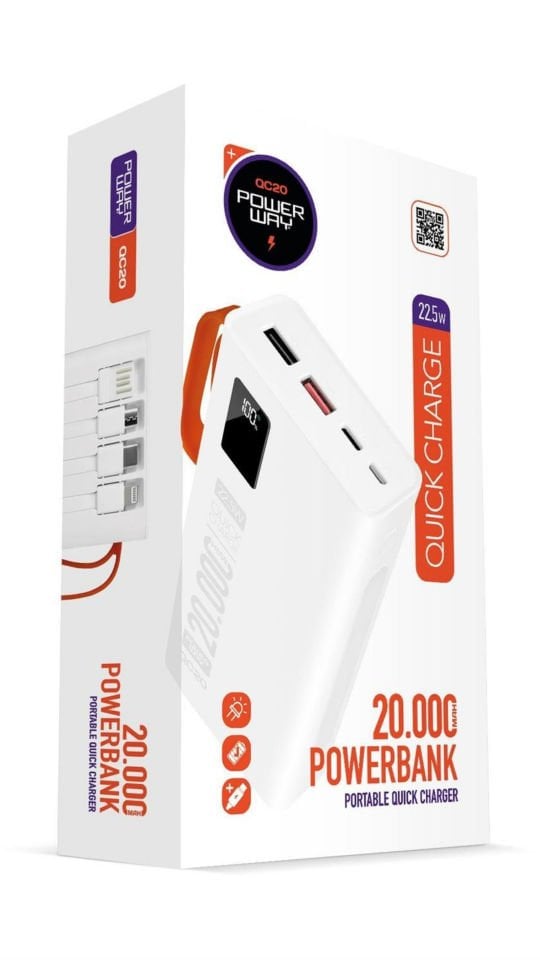 Powerway QC20 Beyaz 20.000 Mah PD 22.5W Dahili Kablolu Hızlı Şarj Led Işıklı Powerbank