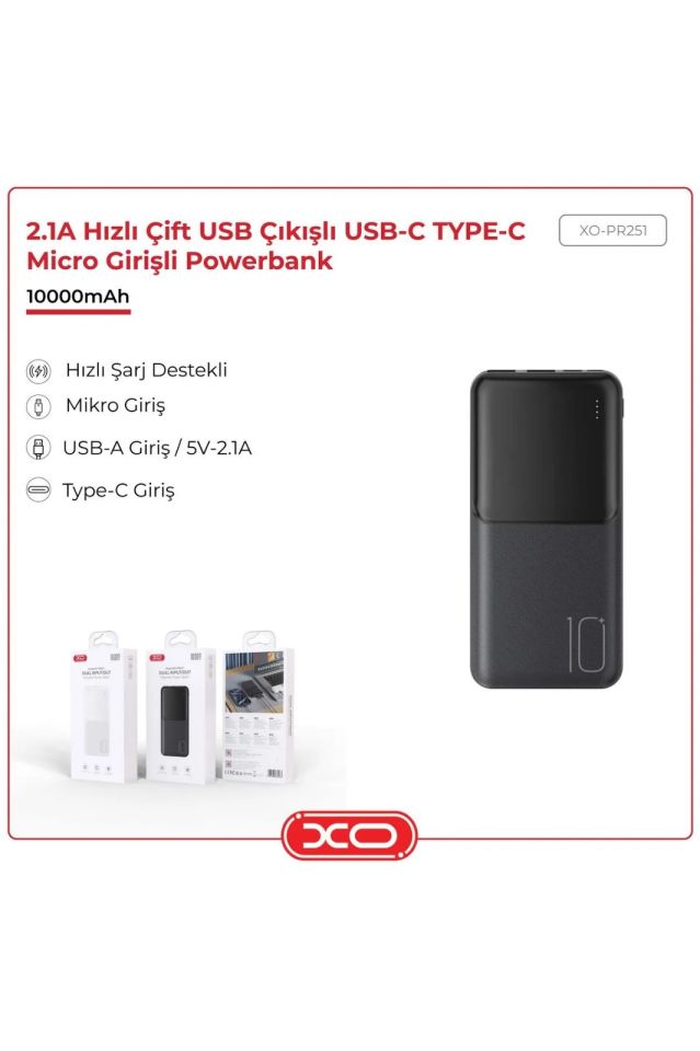 Xo 2.1a Hızlı Çift Usb Çıkışlı Type-c Micro Girişli 10000 Mah Taşınabilir Şarj Aleti Powerbank Pr251