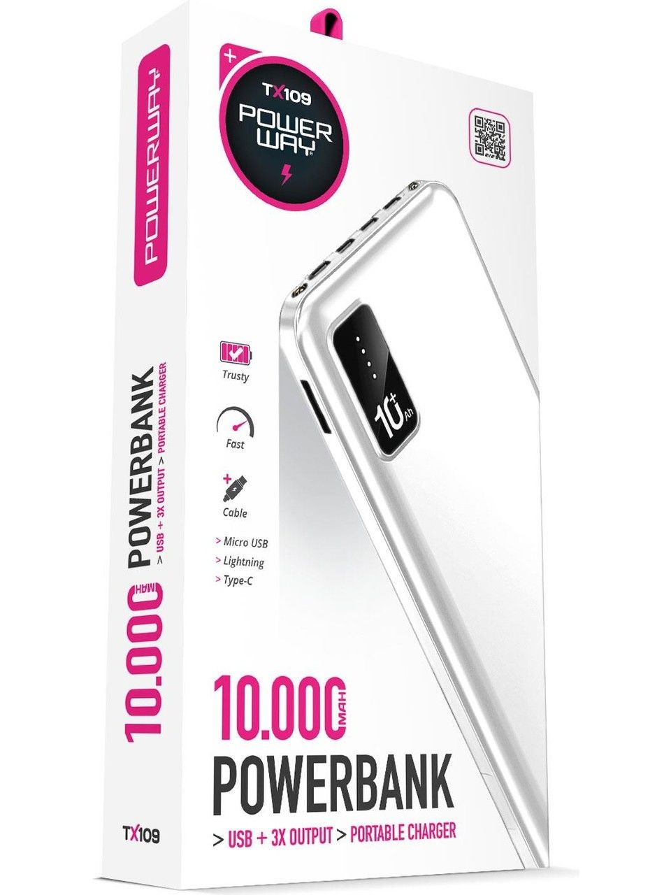 Powerway 10.000 Mah Kablolu Dijital Göstergeli 10.000 Mah Dahili Stand TX109 Beyaz Powerbank