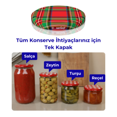 Hijyenik Paketli 10 Adet Kavanoz Kapağı Ekose Desenler 82 mm Kırmızı-Yeşil