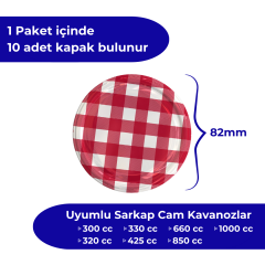 Hijyenik Paketli 10 Adet Kavanoz Kapağı Ekose Desenler 82 mm KırmızıKuşak