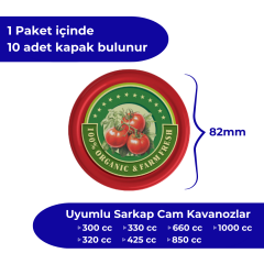 Hijyenik Paketli 10 Adet Kavanoz Kapağı Domates Desenler 82 mm DomatesOrganic