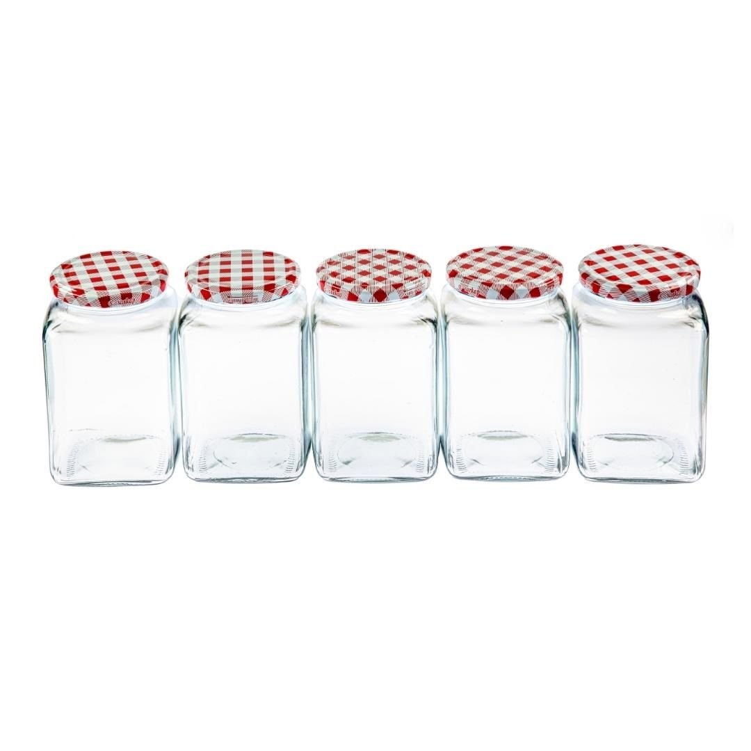 Sarkap 5'li 1000 ml Kapaklı Köşeli Cam Kavanoz KırmızıEkose